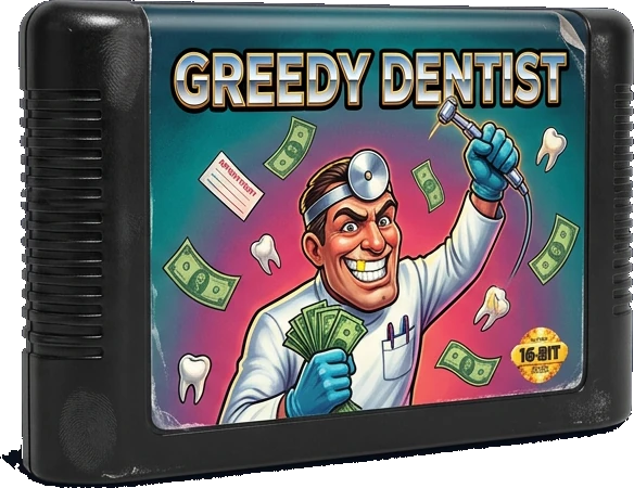Greedy Dentist game cartridge — a grinning dentist waving cash and a drill on the label