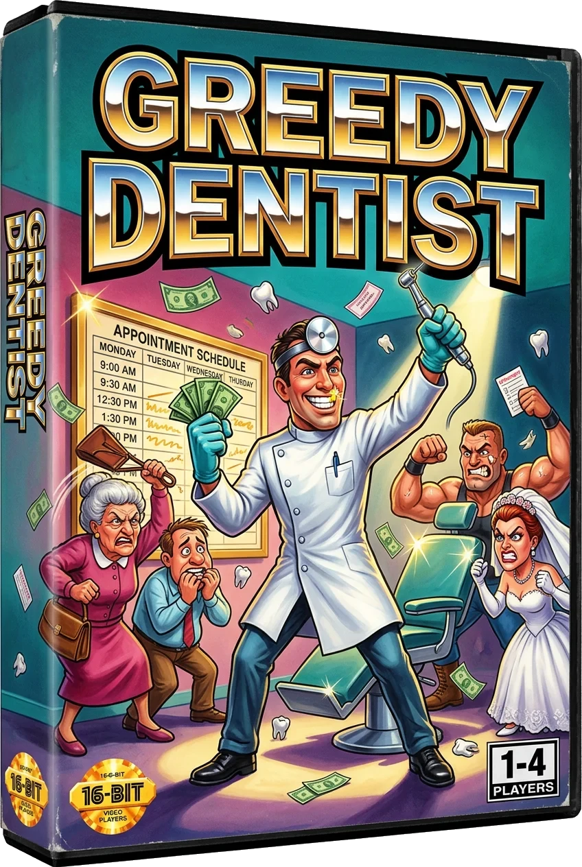 Greedy Dentist — 16-bit game box art: a grinning dentist waving cash and a drill while furious patients storm the schedule board